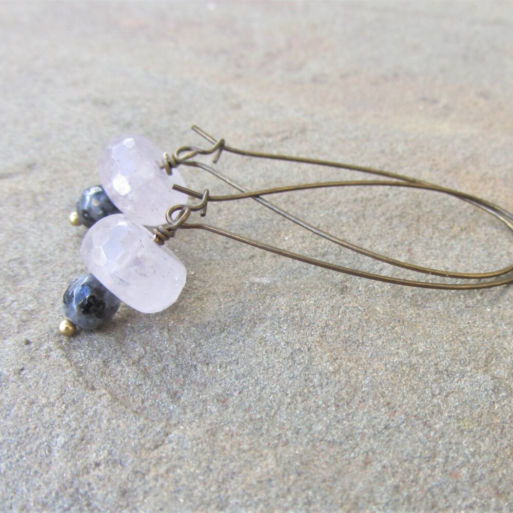 New Amethyst Larvikite Dangle Earrings, Artisan Made, Gemstone Earrings